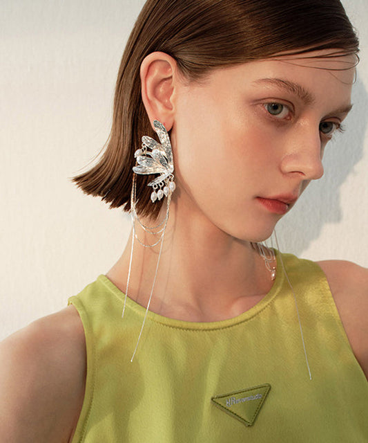 Unique Silk Asymmetric Butterfly Tassels Exaggeration Silver Plated Drop Earrings