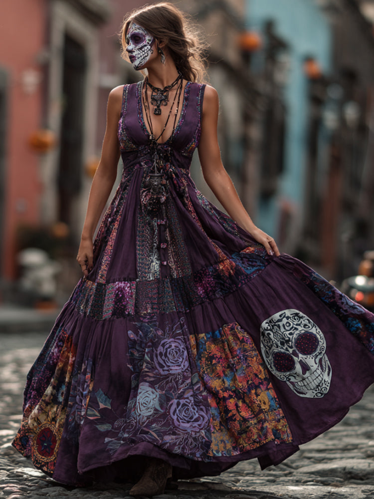 Ladies' Vintage-style Dress With Skull Pattern And Shoulder Straps artswardrobe