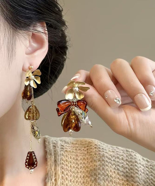 Brown Copper Overgild Zircon Asymmetrical Tassel Drop Earrings