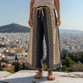 Women's Greek Key Contrast Patchwork Linen Blend Wide Leg Pants artswardrobe