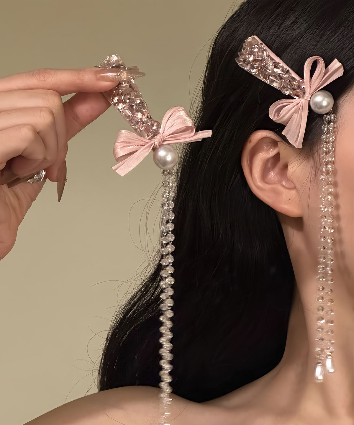 Novelty Pink Alloy Bow Zircon Tassel a Pair Hairpin