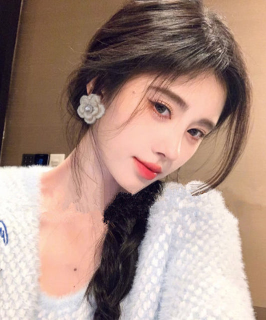Diy White Pearl Knitting Wool Stud Earrings