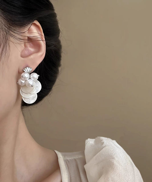White Sterling Silver Alloy Shell Pearl Tassel Stud Earrings