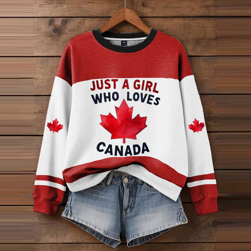 Retro Women's Canada Hockeys Just A Girl Who Loves Canada Print Crew Neck Long Sleeve Sweatshirt elevenforest
