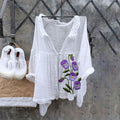 Comstylish Women's Purple Flower Print Ladies Casual Cotton Linen Shirt