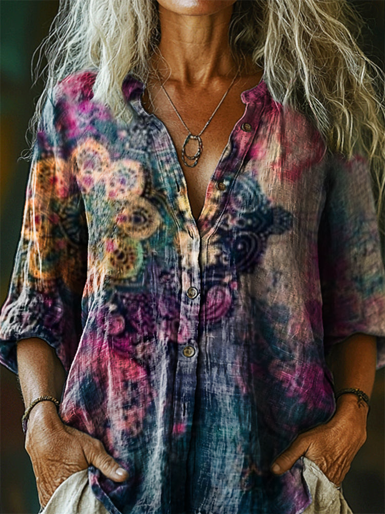 Women's Vintage Ethnic Floral Art Print Casual Cotton Linen Shirt