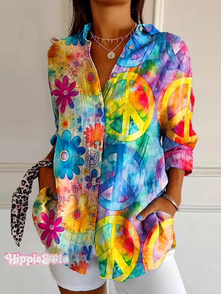 Women's Vintage Hippie Peace Flower Art Print Casual Cotton Shirt