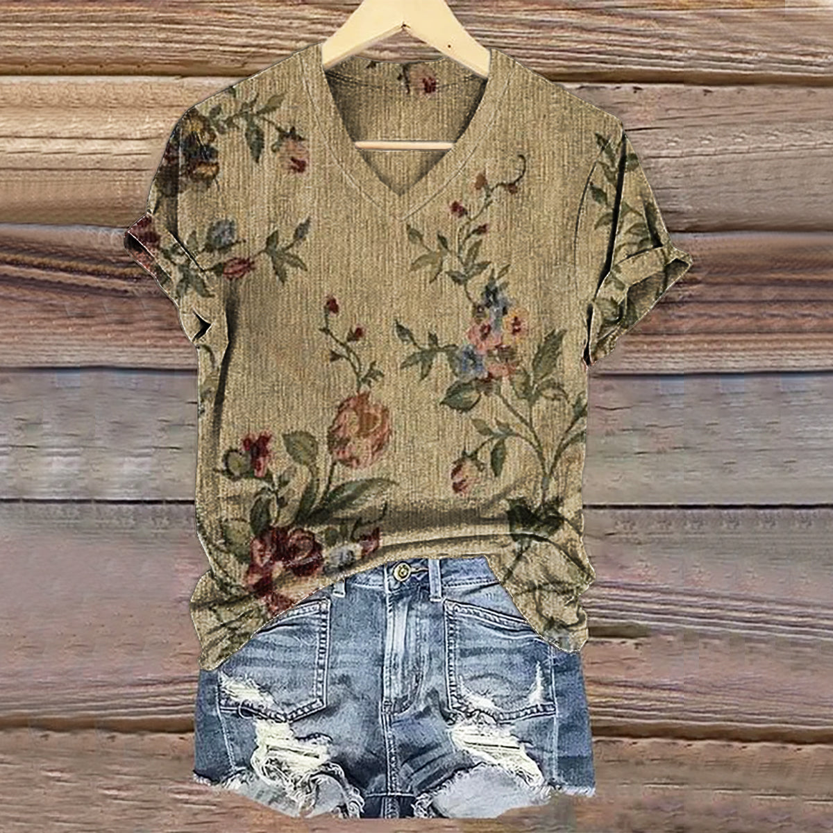 Women's Vintage Floral Art Print V-neck Casual T-Shirt