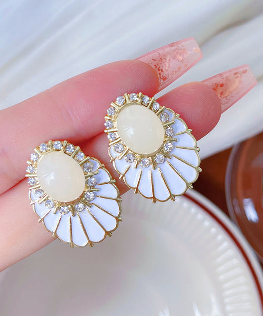 Classy White Copper Alloy Zircon Pearl Fan-shaped Stud Earrings