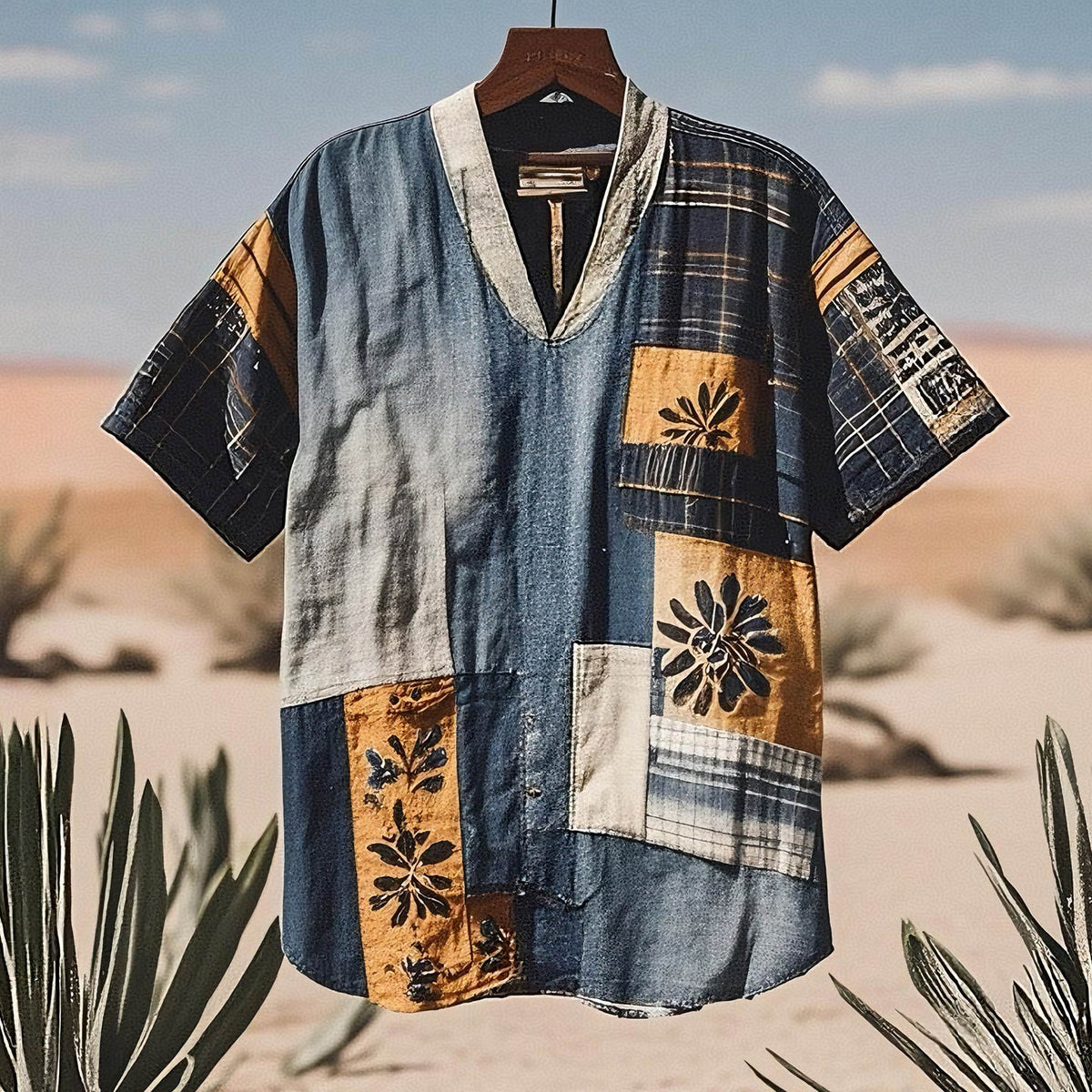 Men's Contrast Colors  Patchwork Sun Linen T-shirt artswardrobe