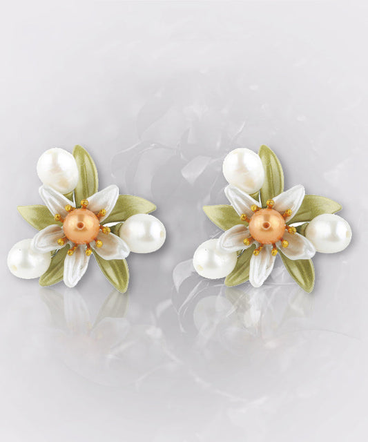 Green Sterling Silver Copper Pearl Enamel Stud Earrings