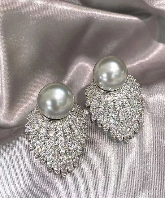 Fine Grey Sterling Silver Pearl Zircon Stud Earrings
