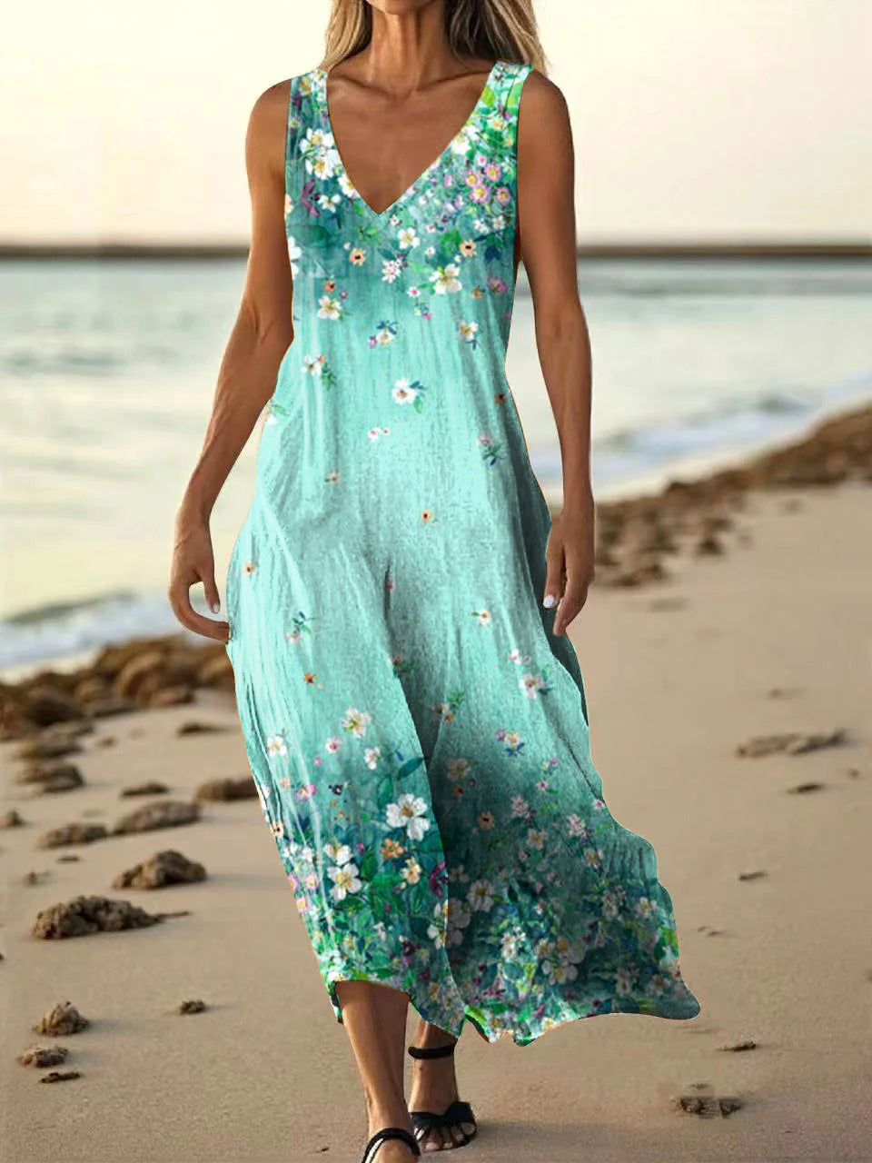Women's Floral Art Print Pocket Cotton Dresses
