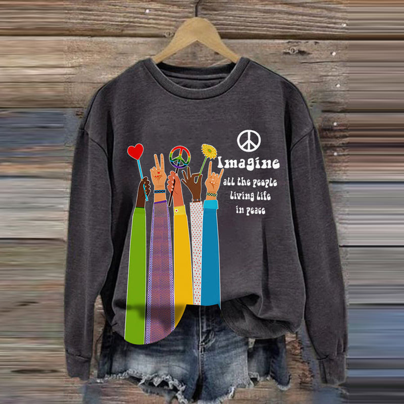 Comstylish Retro Hippie Imagine All The People Living Life In Peace Print Sweatshirt