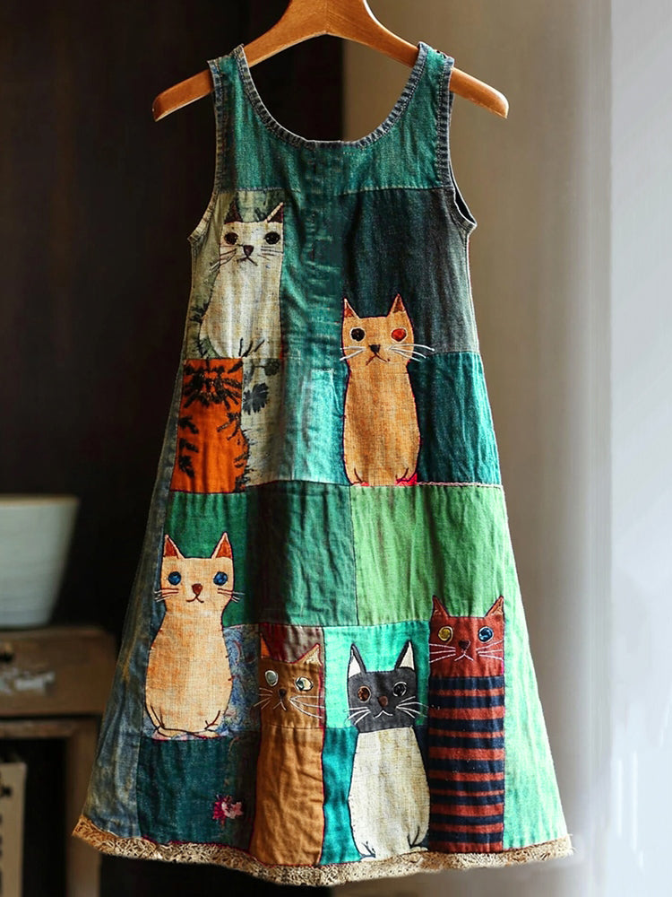 Casual Pop Art Patchwork Denim Cat Dress elevenforest