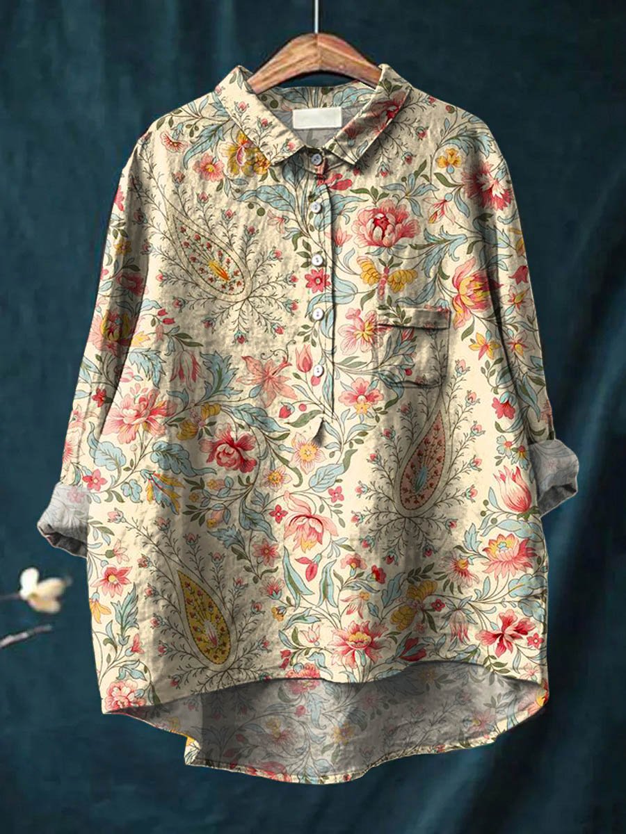 Women's Vintage Ethnic Floral Art Print Casual Cotton And Linen Shirt