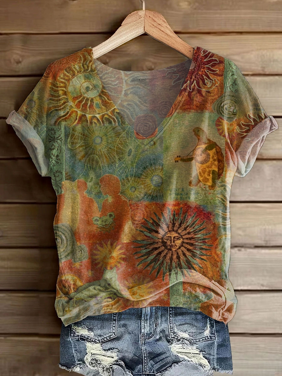 Women's Vintage Ethnic Sun Art Print V-Neck Cotton T-Shirt
