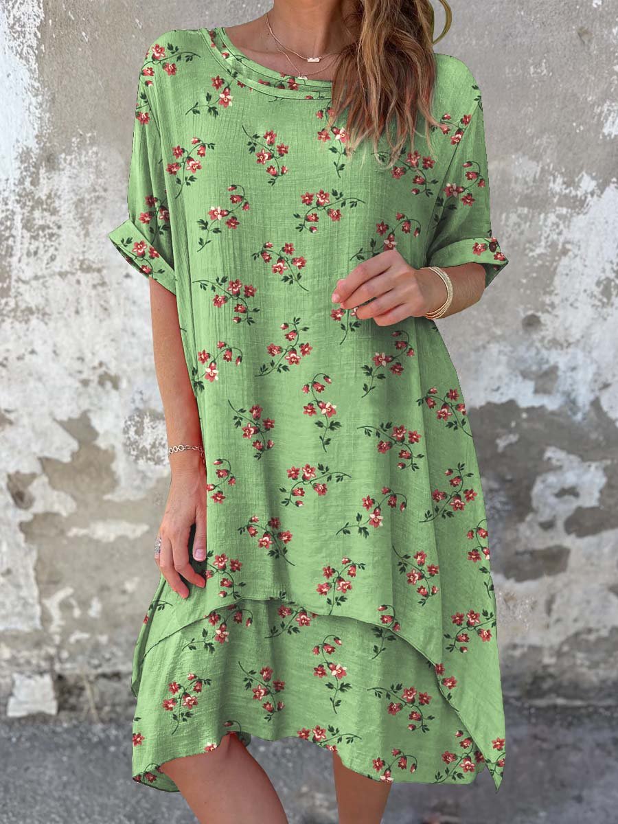 Women's Classic Floral Pattern Round Neck Cotton and Linen Dress