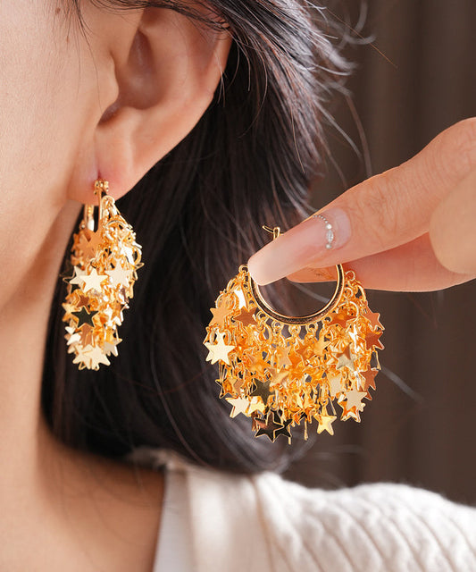 Gold Copper Overgild Zircon Star Tassel Hoop Earrings