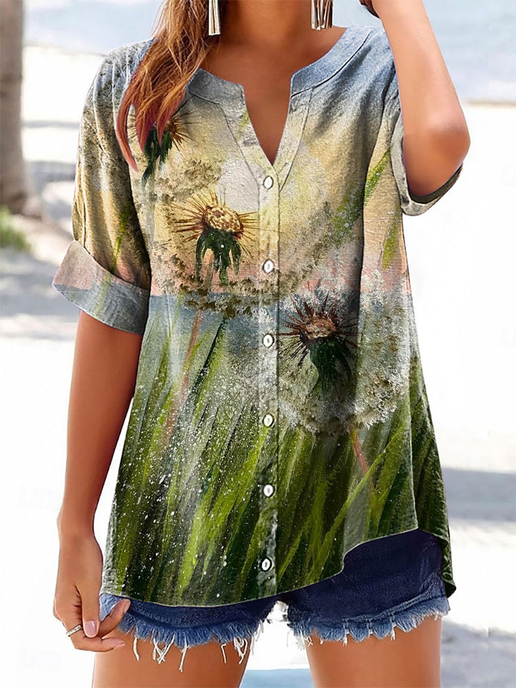Women's Vintage Floral Art Print Casual Cotton And Linen Shirt
