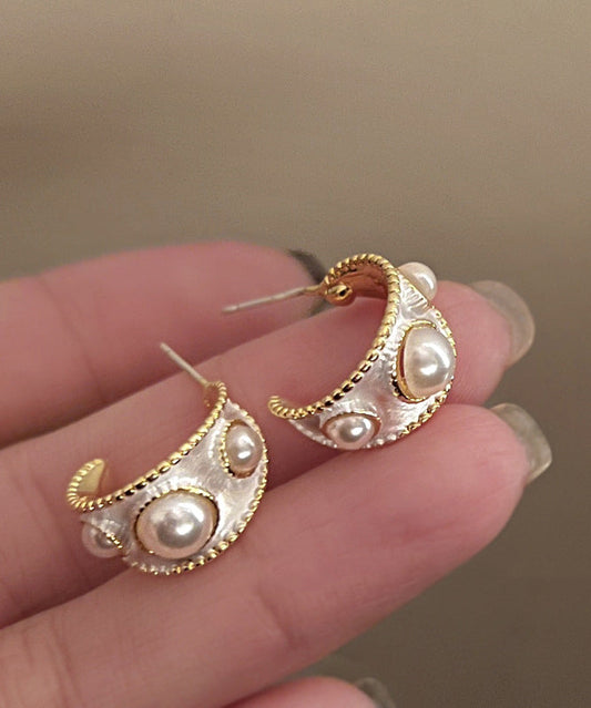 White Sterling Silver Overgild Pearl C Shaped Hoop Earrings