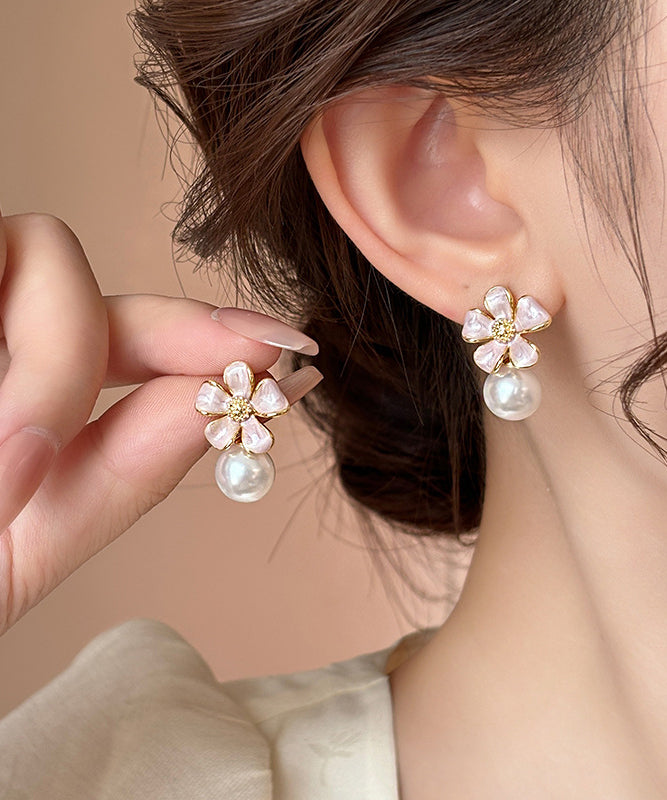 Pink Metal Alloy Pearl Drip Glaze Stud Earrings