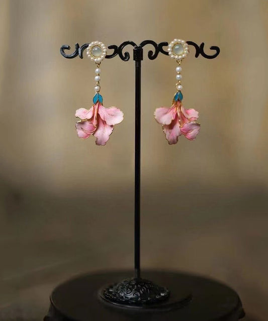 Rainbow Alloy Pearl Peony Enameling Tassel Drop Earrings