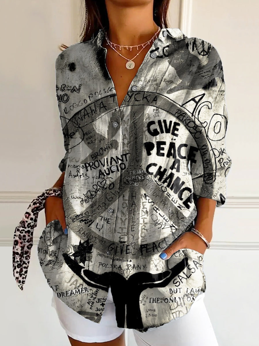 Women's Hippie Peace Art Print Casual Cotton Shirt