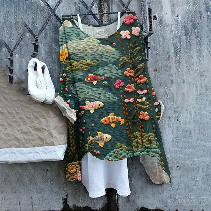 Vintage Flower And Fish Loose Linen Cozy Shirt Tunic Top artswardrobe