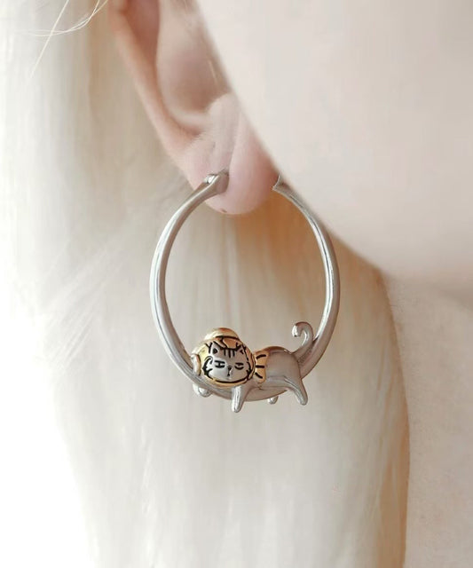 Silk Copper Alloy Kitty Hoop Earrings