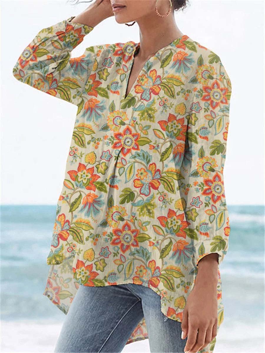 Women's Vintage Lovely Floral Art Print Casual Linen V-neck Shirt
