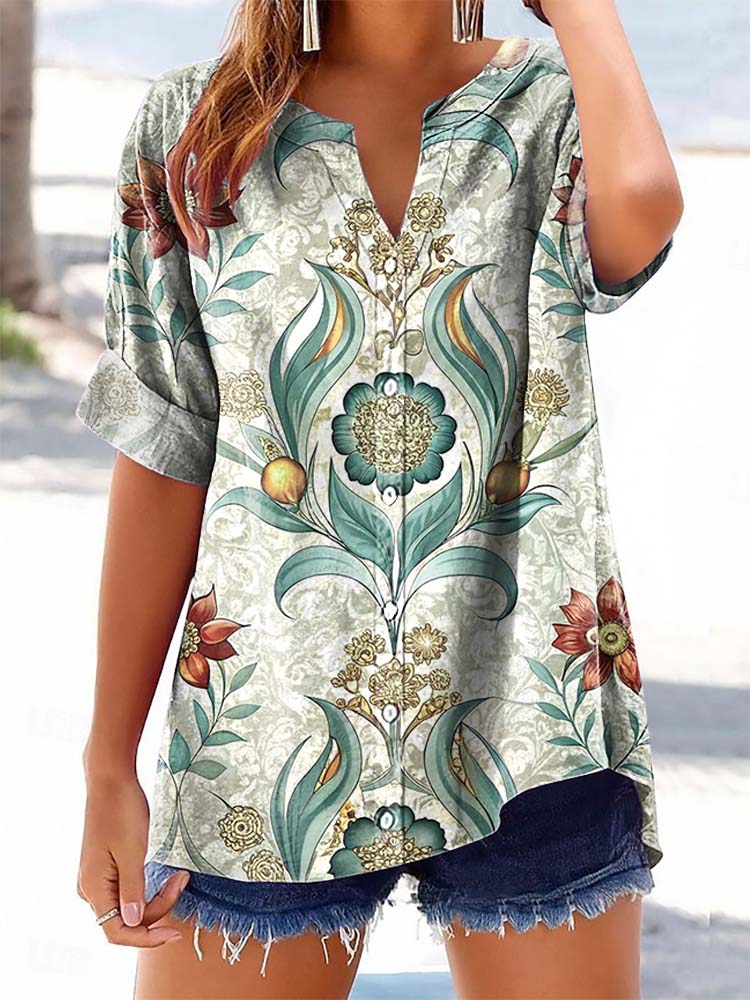 Women's Vintage Floral Pattern Art Print Casual Cotton Linen Shirt