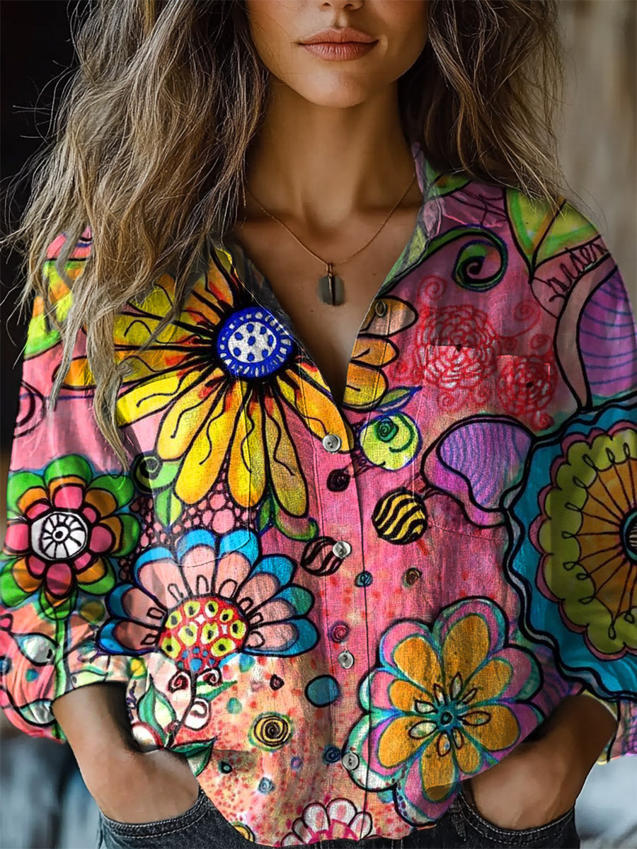 Women's Colorful Flower Graffiti Print Casual Long Sleeve Comfortable