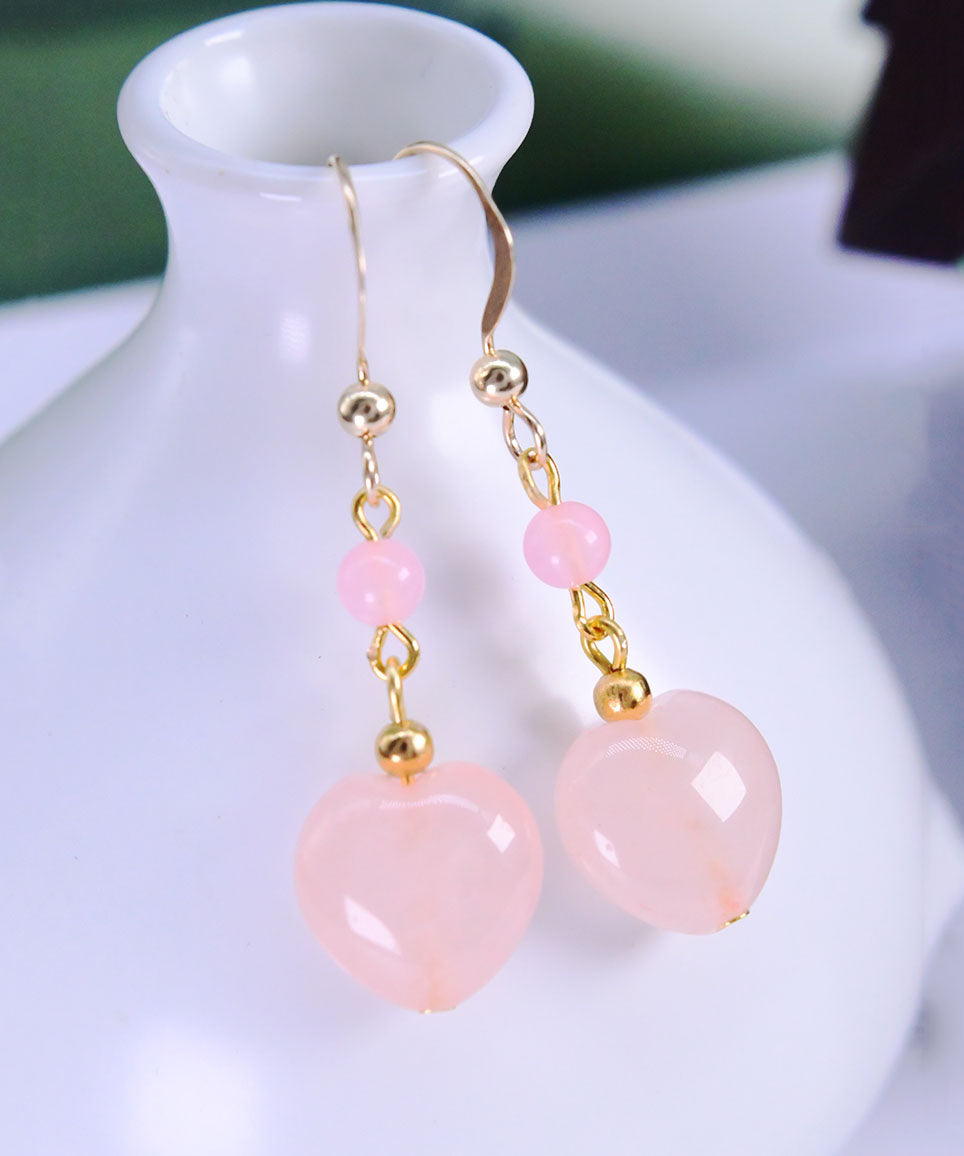 Art Pink 14k Gold Crystal Heart Shaped Drop Earrings