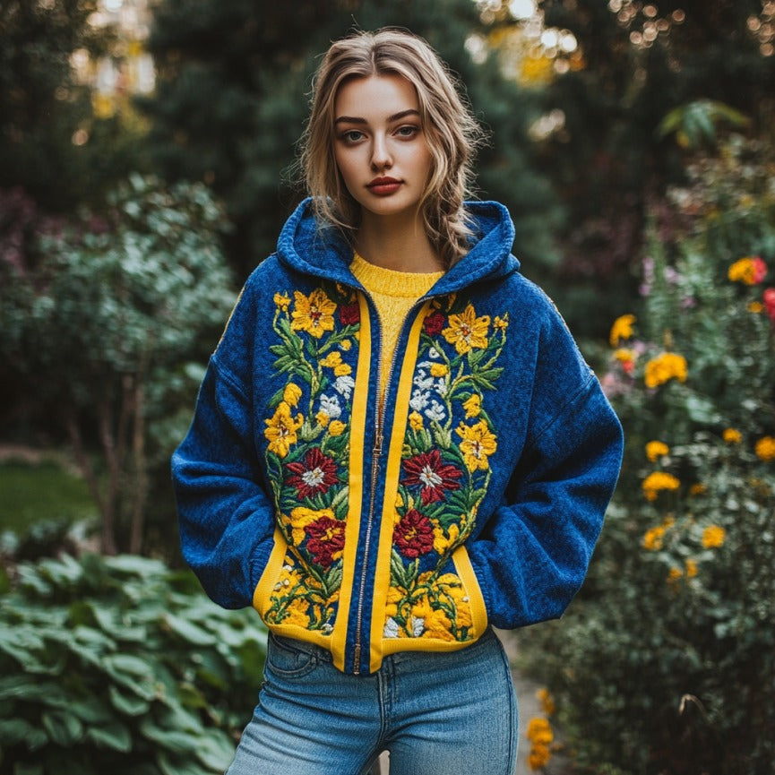 Comstylish Ukrainian Ethnic Style Flowers Embroidery Zip-up Hoodie