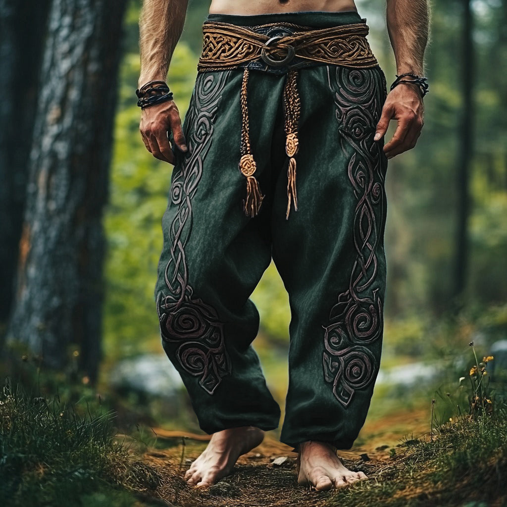 Tribal Viking Celtic Embroidery Art Linen Long Loose Wide-leg Pants artswardrobe