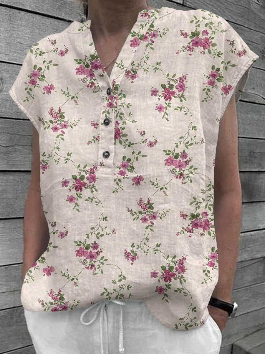 Women's Elegant Floral Classic Cotton and Linen Top