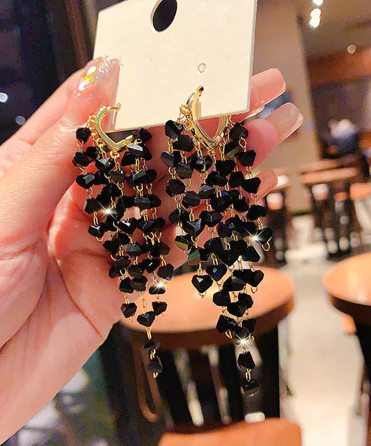 Black Sterling Silver Overgild Crystal Love Tassel Drop Earrings