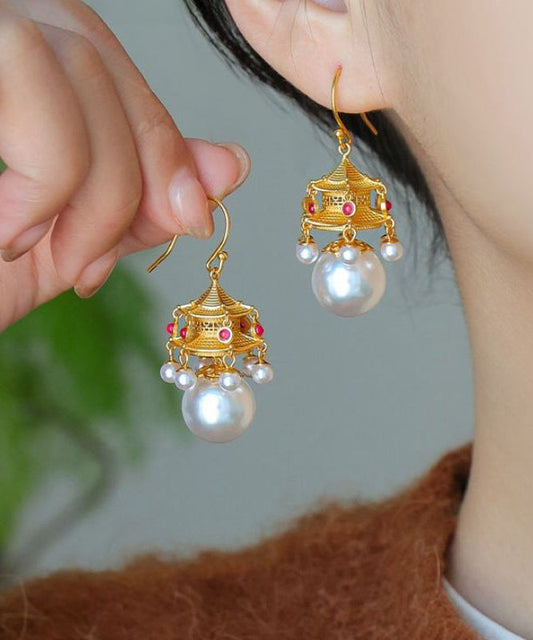 White Ancient Gold Pearl Agate Palace Lantern Drop Earrings