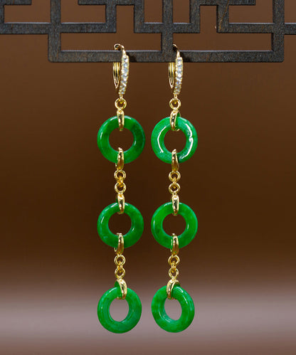 Green Sterling Silver Overgild Jade Circle Drop Earrings
