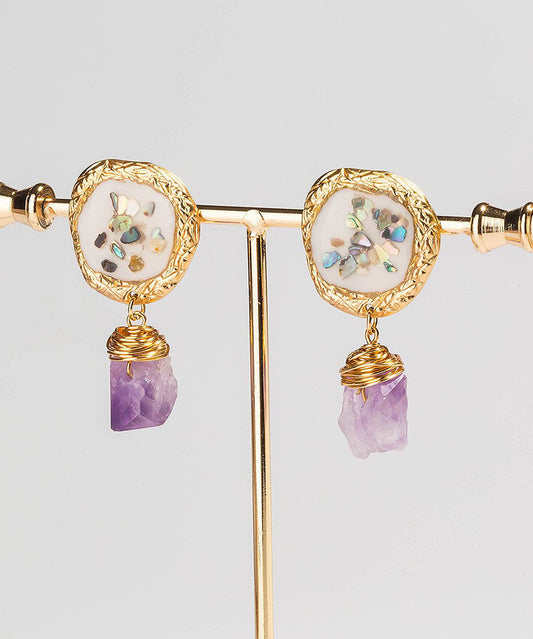 Light Purple Alloy Gem Stone Drop Earrings