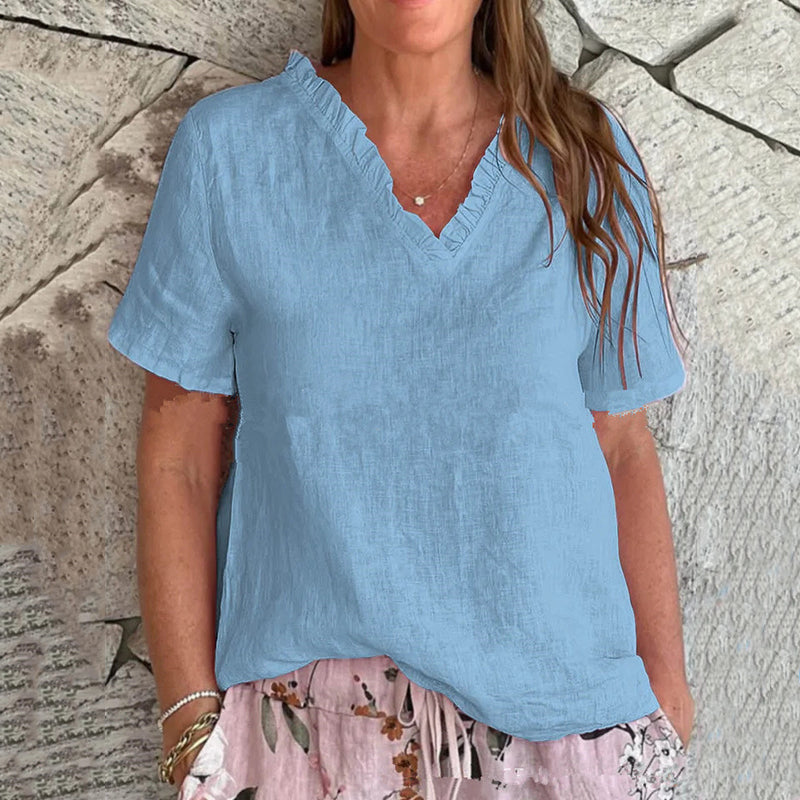 Women's Vintage Lace Cotton And Linen V-neck T-shirt artswardrobe
