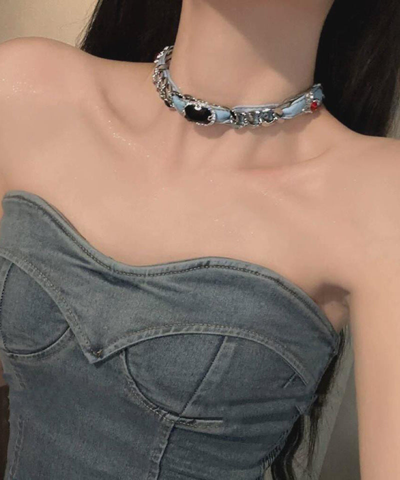 Denim Blue Metal Denim Crystal Chain Collar Necklace