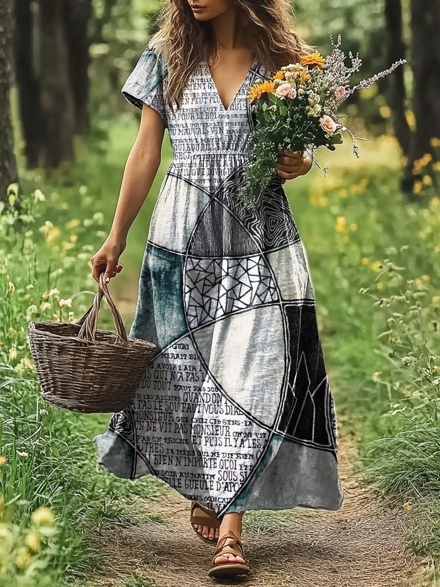 Women's Art Painting Stitching Retro Print V-Neck Short Sleeve Dress