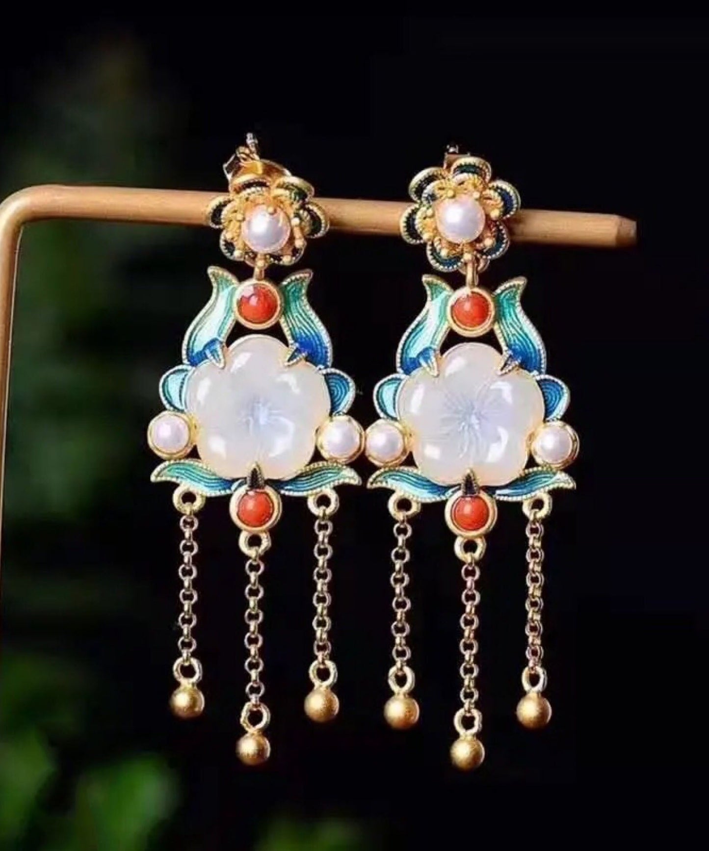 White Sterling Silver Overgild Inlaid Jade Agate Pearl Drop Earrings