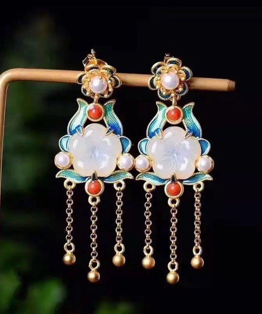 White Sterling Silver Overgild Inlaid Jade Agate Pearl Drop Earrings