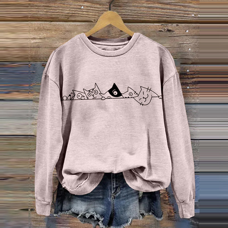 Comstylish Lovely Simple Line Cats Art Vintage Cozy Sweatshirt