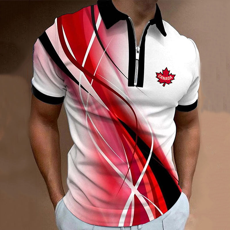 Men's Geometric Canada Hockey 2025 Canada Flag Inspired Print Zip-up Polo Shirt elevenforest