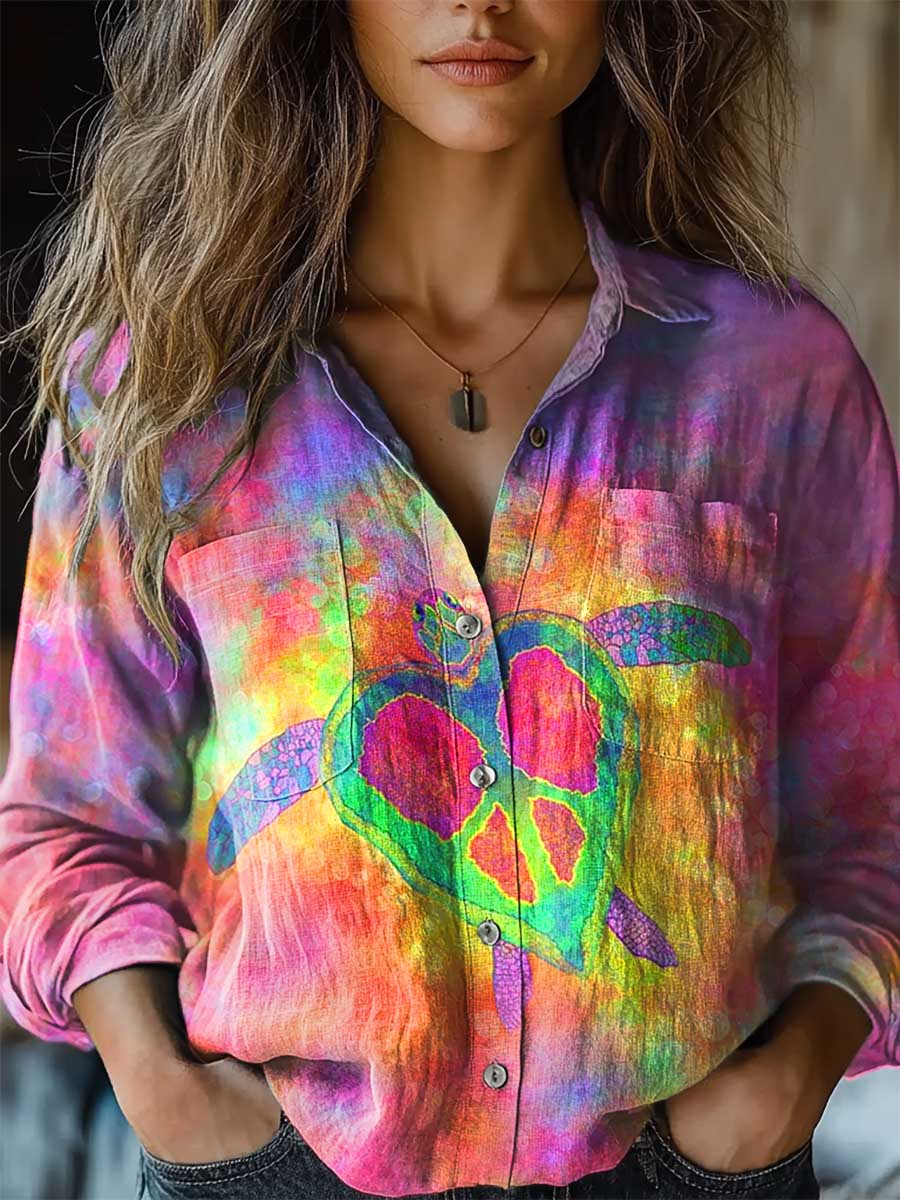 Women's Colorful Turtle Print Casual Long Sleeve Comfortable Cotton Sh