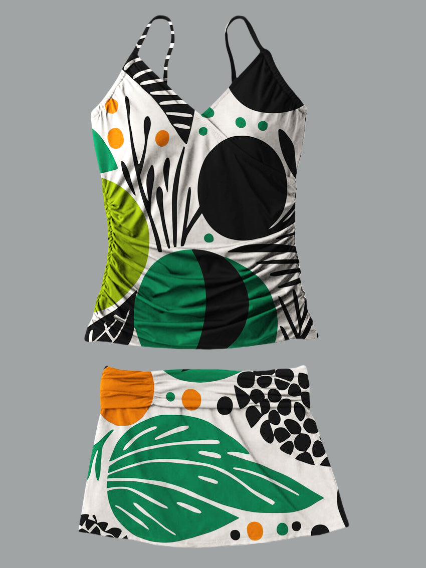 V-Neck Abstract Art Flower Multicolor Print Suspender Skirt Tankini Pantskirt Set Swimsuit